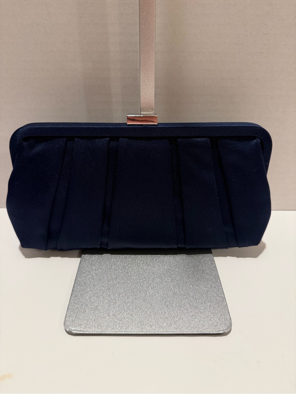 Nina Satin Evening Clutch in Navy with Hot Pink Lining with Silver Chain